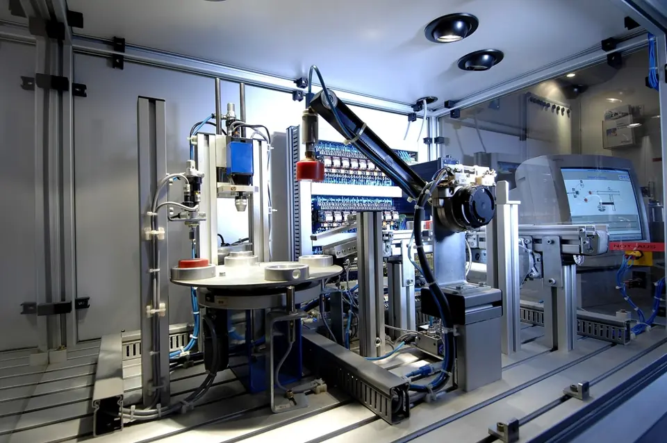 Automatisierte Fertigungsanlage mit Robotik in einer hellen Halle